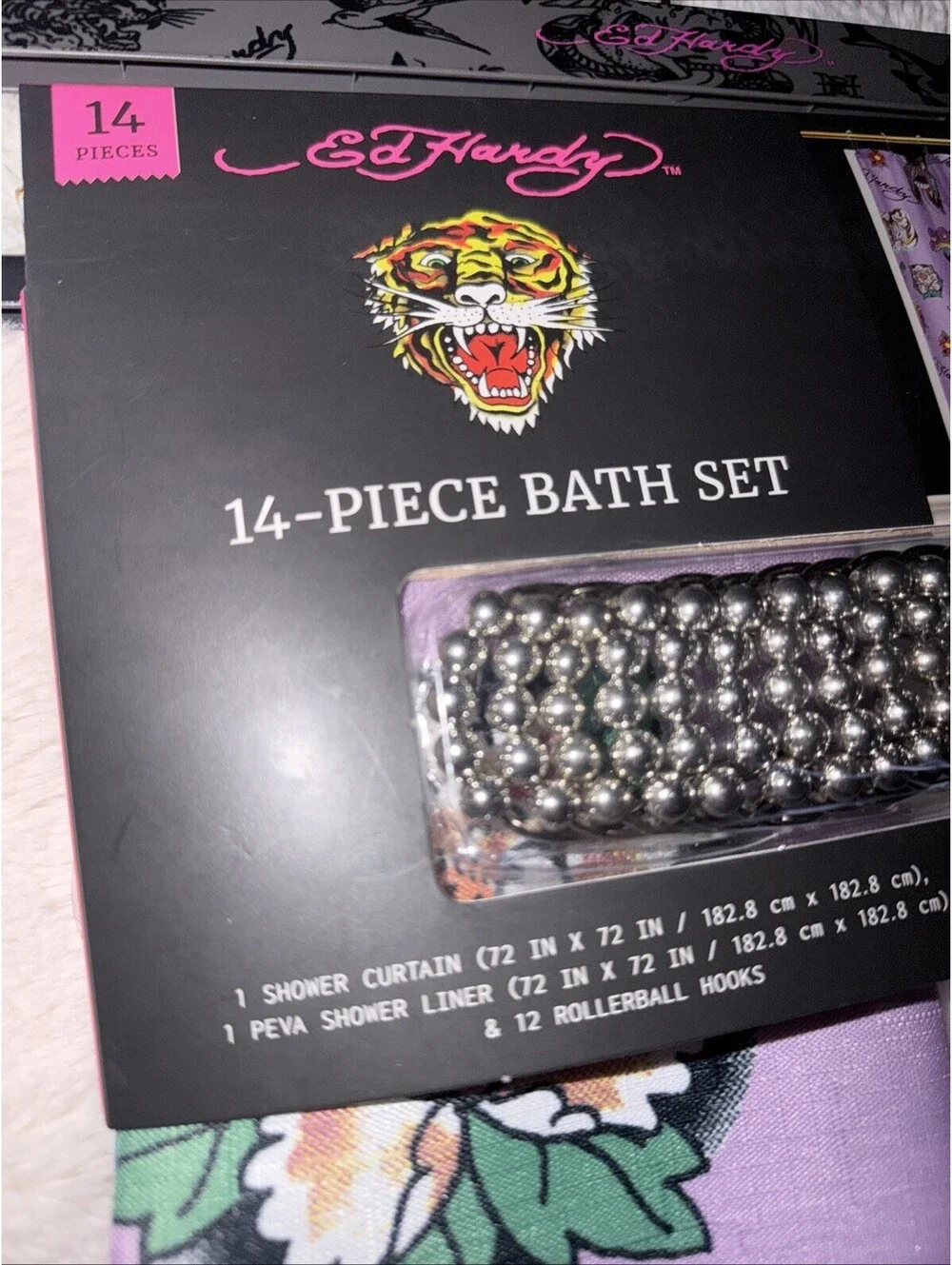 NWT! ED HARDY 14 - PIECE SHOWER CURTAIN - LIGHT PURPLE - 72 x 72